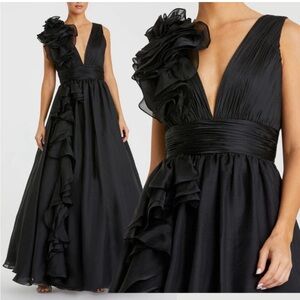 Mac Duggal 48856 Womens Size 8 Black Ruffled V-Neck Chiffon Ballgown Gown Dress